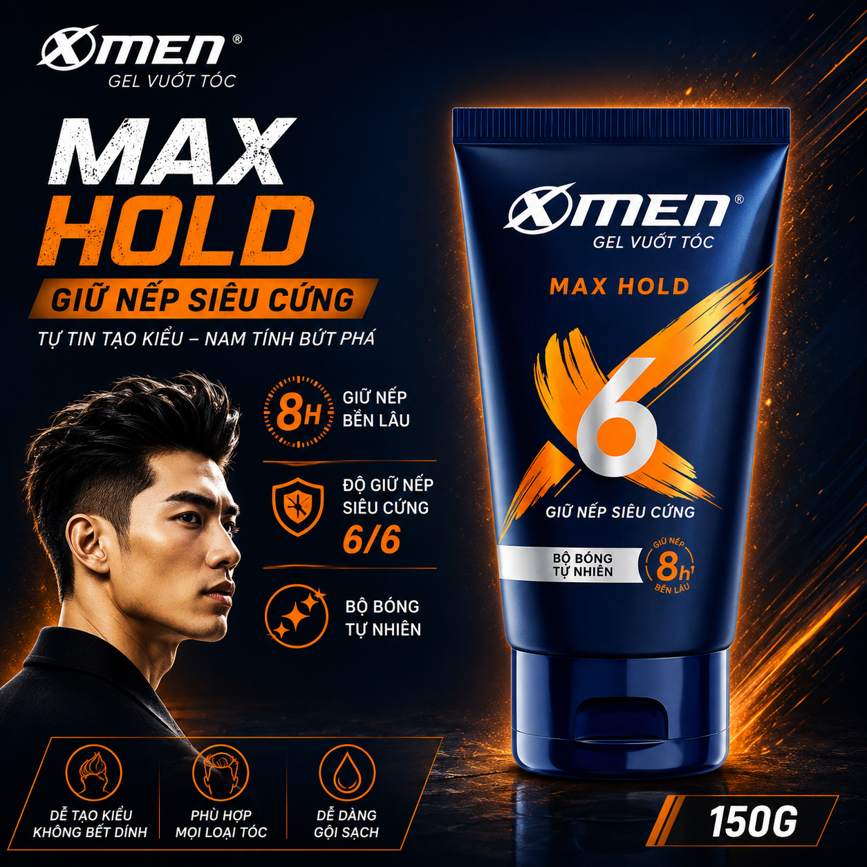 Gel vuốt tóc XMen Super Strong Hold tạo nếp cứng cực nhanh 150gr (xmen fire) 2