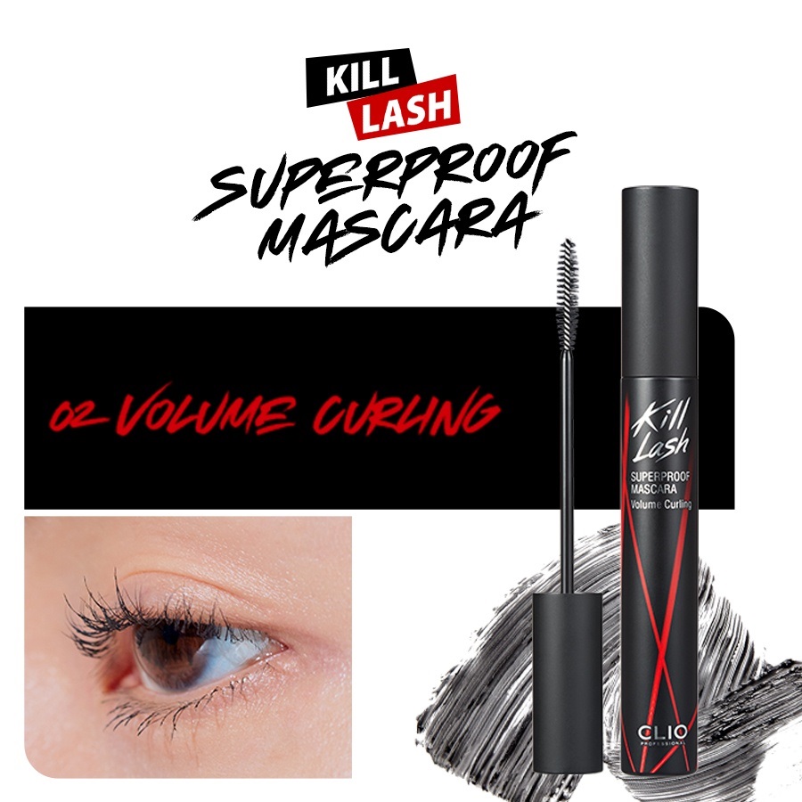 Mascara Clio Kill Lash Superproof 002 Volume Curling: làm dày và cong mi 7G 1