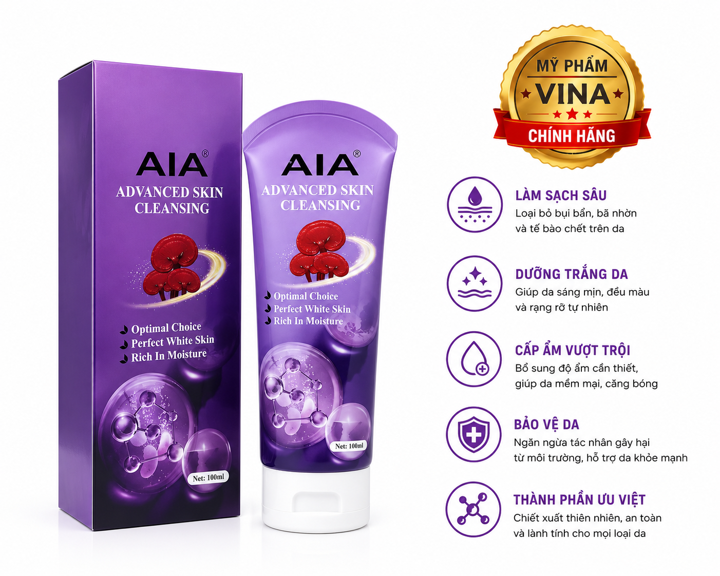 Sữa rửa mặt dưỡng trắng da AIA - Linh Chi 100ml ( màu tím)