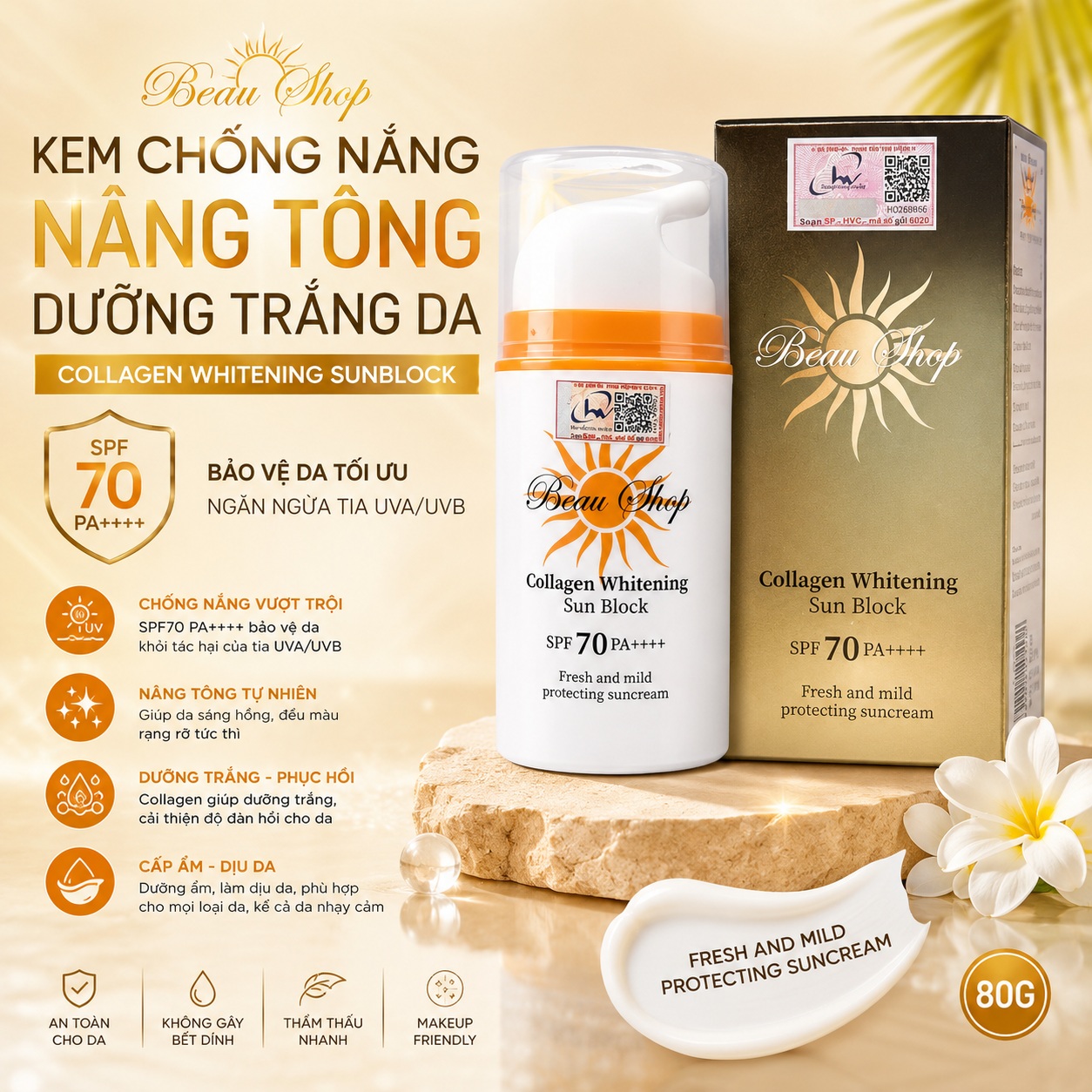 Kem chống nắng Beau Shop Collagen Whitening Sun Block SPF 70/PA++++ ( 80g) 2