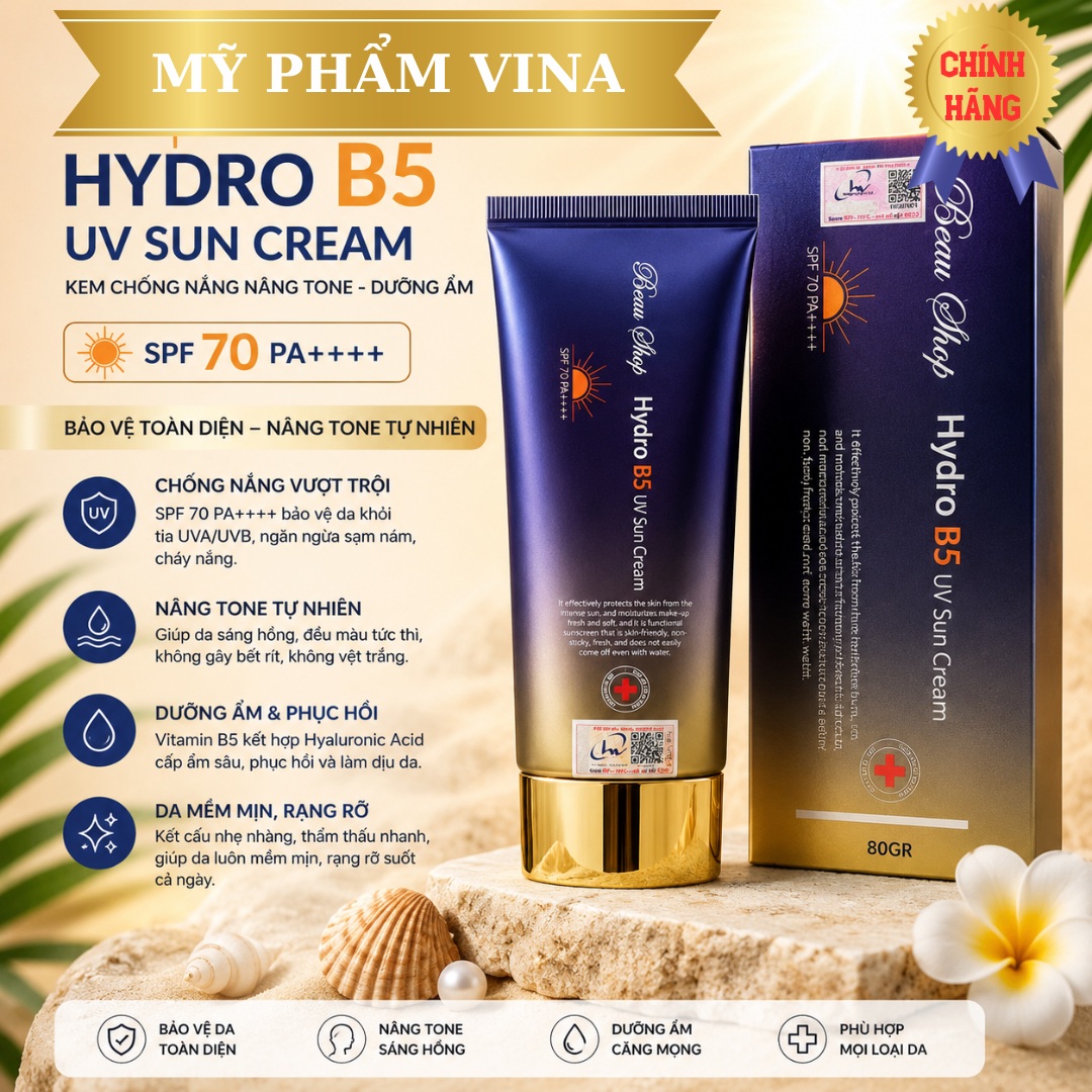 Kem chống nắng BEAU SHOP Hydro B5 UV Sun Cream SPF 70++++ nâng tone, dưỡng ẩm 80GR