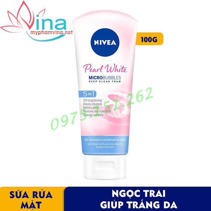 Sữa Rửa Mặt Nivea Pearl White Micro Bubbles Deep Clean Foam 5IN1 Bùn Trắng Da Ngọc Trai 100g
